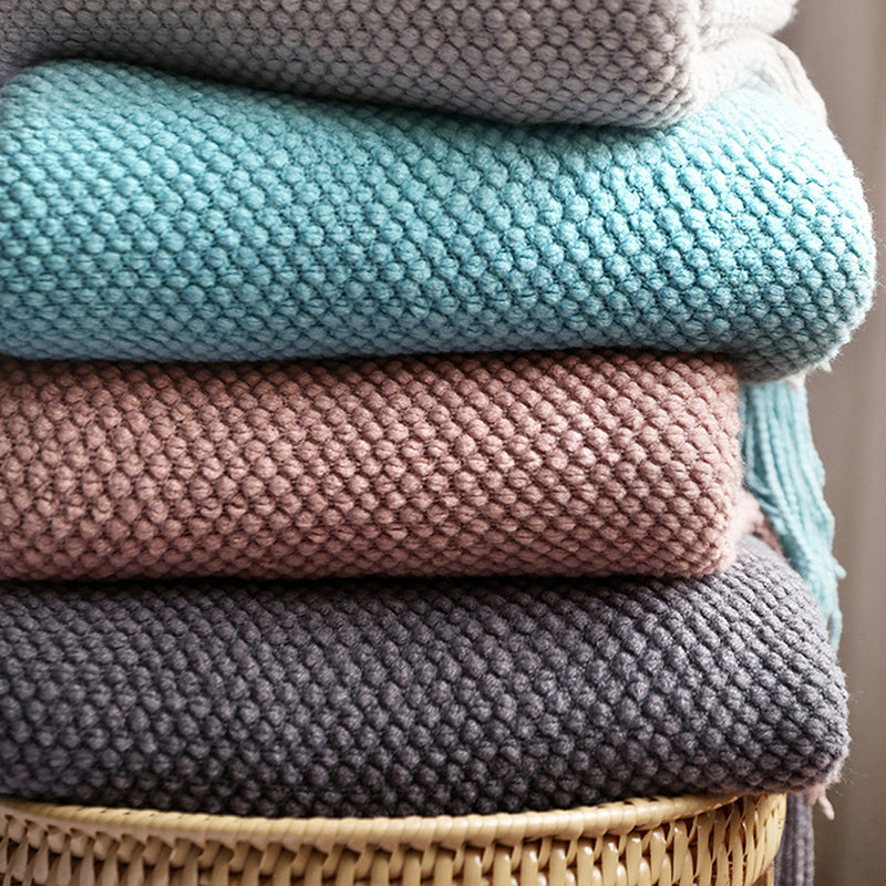 Acrylic Knitted Blanket 130cmx170cm Waffle Weave Coffee Fringe Couch Bed Decor