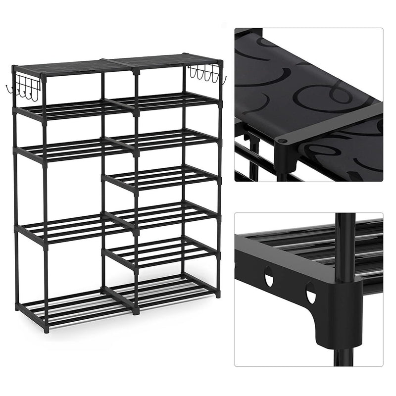 12 Shelf Shoe Storage Rack Plastic Coated Iron Pipe 87x30x105cm Black Side Hooks