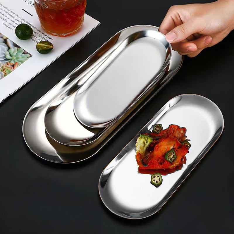 Oval Stainless Steel Plate Set 3 Pieces Small Medium Large Silver Nordic