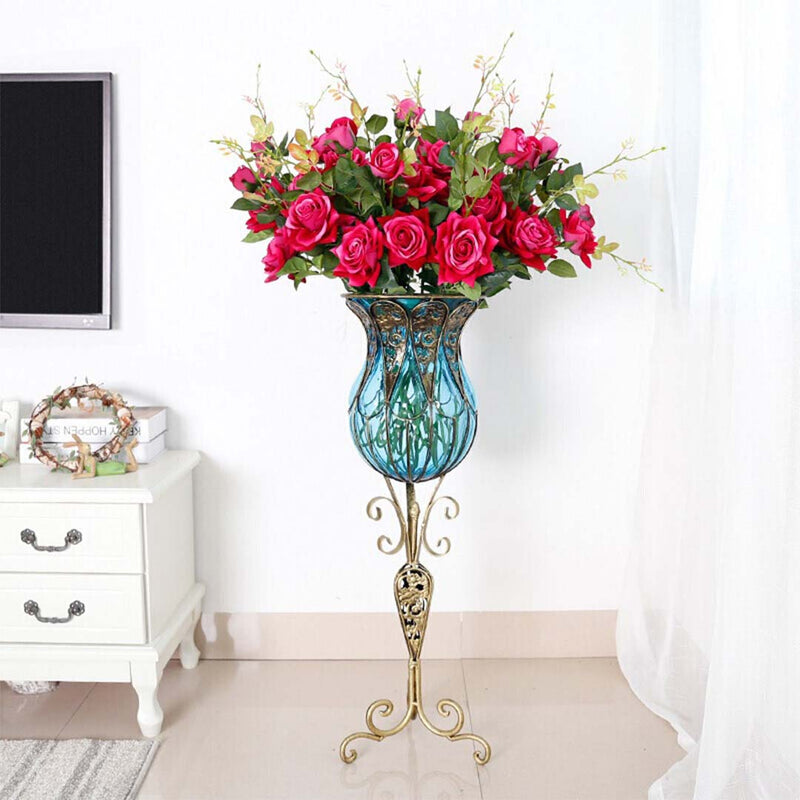 85cm Tall Blue Glass Floor Vase Gold Metal Stand