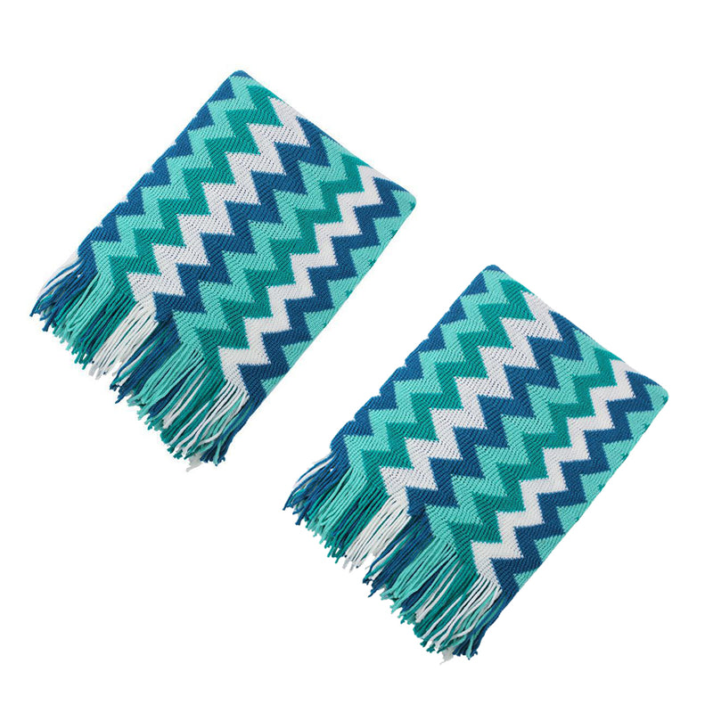2X Knitted Throw Blanket 100% Acrylic 130x170cm Zigzag Striped Fringed Blue Teal