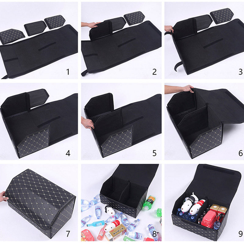 2X Leather Car Boot Organizer Medium Collapsible Foldable Black Gold Stitch