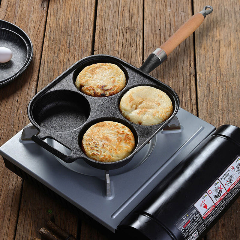 Cast Iron 4 Mold Pancake Fry Pan Nonstick with Wood Handle for Induction
