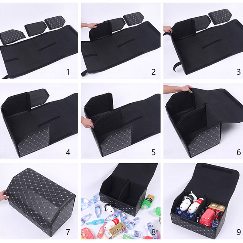 Car Boot Organizer Leather Non Woven 30x30x30cm Collapsible Black Gold Stitch