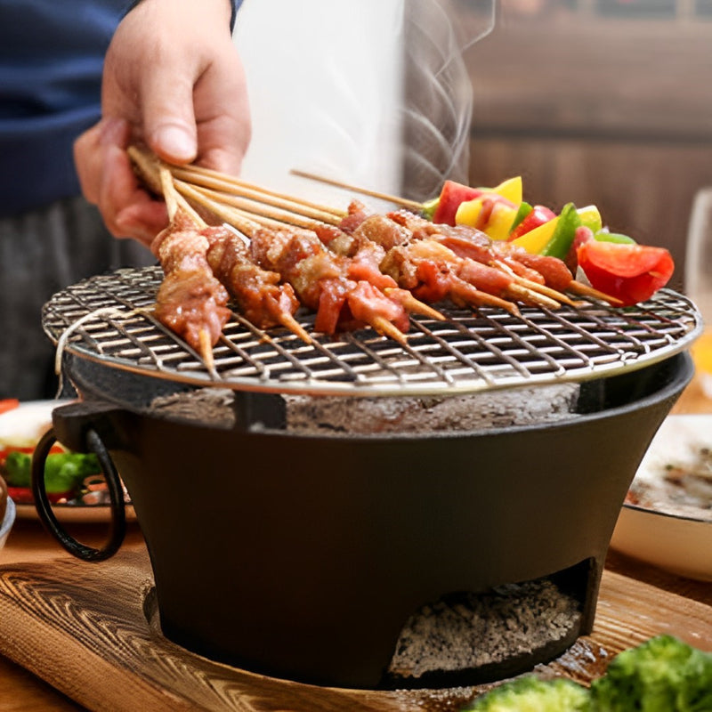 Small Cast Iron Tabletop Charcoal Grill 21cm Steel Net Black Wood Base