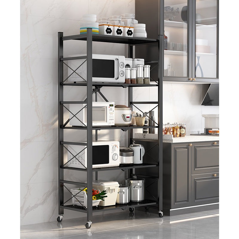 2X 5 Tier Carbon Steel Black Foldable Display Stand With Wheels For Storage