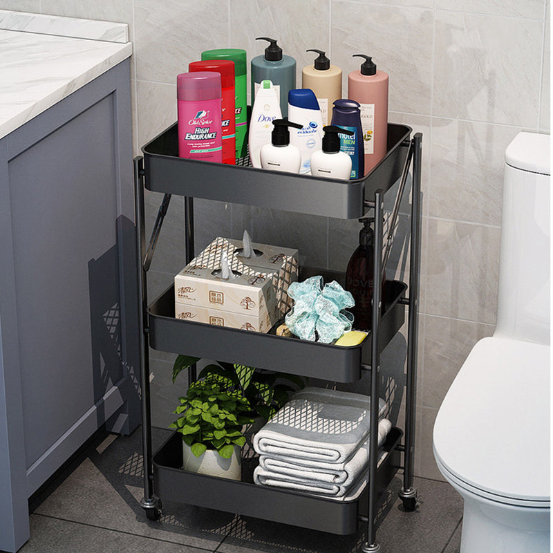 3 Tier Steel Mesh Foldable Kitchen Cart Black Wheels 10kg Per Shelf