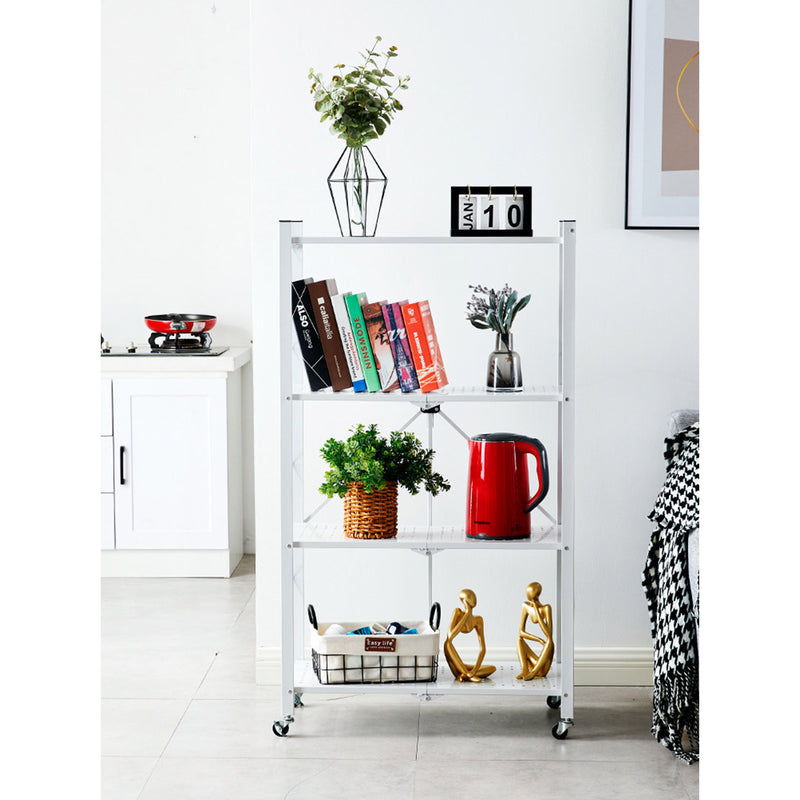 4 Tier Foldable Carbon Steel Kitchen Cart White Portable Storage Shelves Wheels