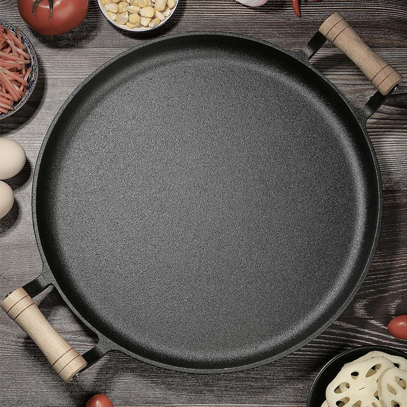 2X 35cm Cast Iron Sizzle Pan Skillet With Wooden Handle Induction Safe