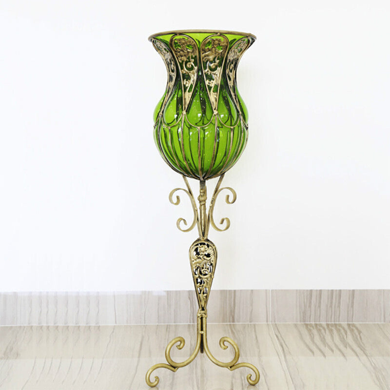 85cm Green Glass Floor Vase Gold Base With 12pcs Dark Pink Artificial Flowers