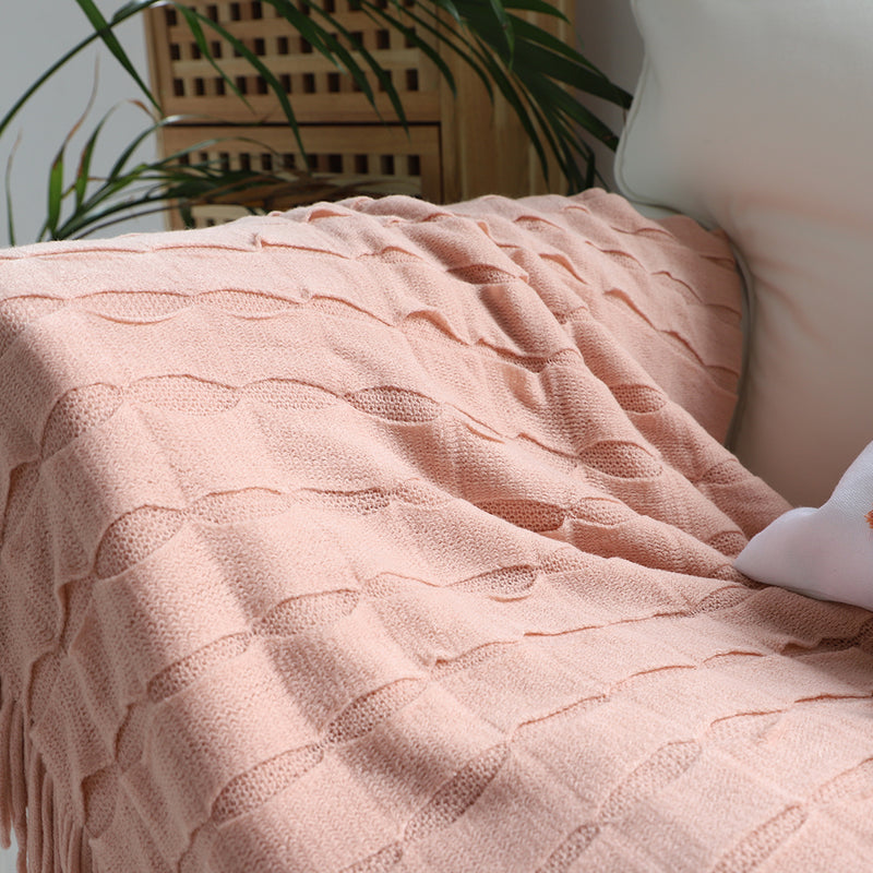 Pink Textured Knitted Throw Blanket Acrylic 130x170cm Cozy Fringes Home Decor