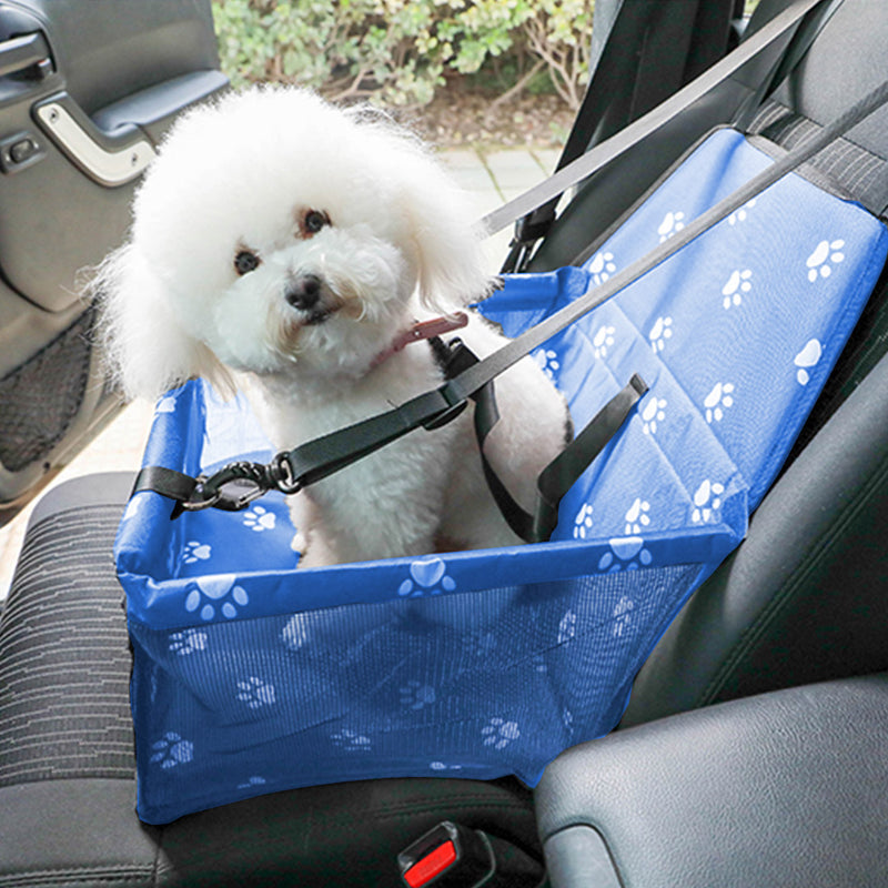 Waterproof Pet Booster Car Seat 600D Oxford PVC Blue with Mesh and Paw Print