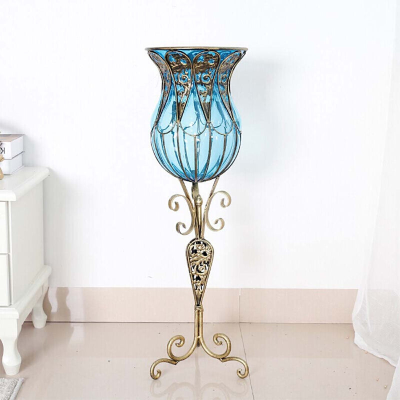 85cm Blue Glass Floor Vase With Gold Metal Base 12pcs White Artificial Flowers