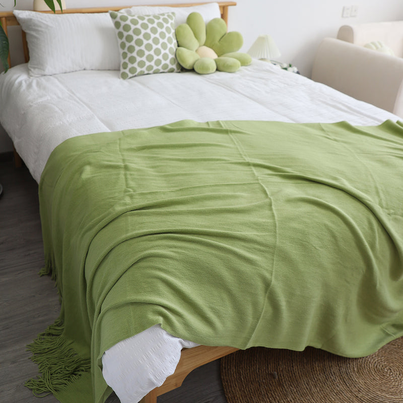 Green Acrylic Knitted Throw Blanket 130cmx220cm Solid Fringed Home Decor