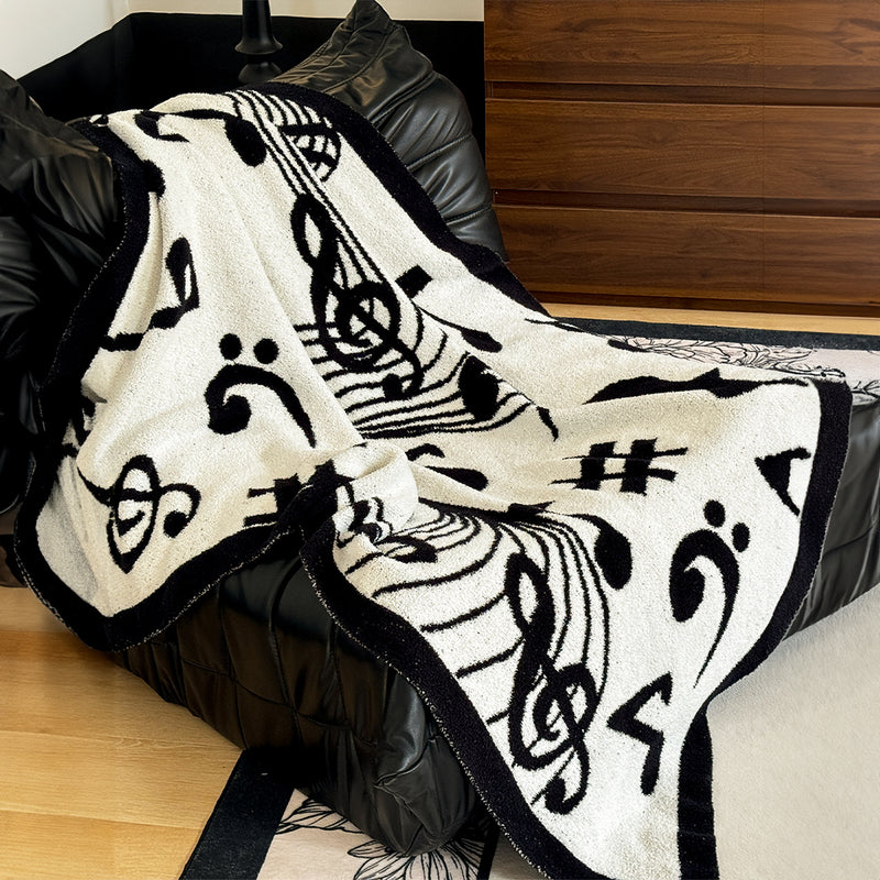 Musical Note Soft Half Fleece Throw Blanket 130x160cm Black White Cozy