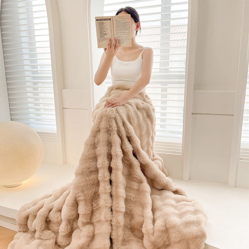 2X 200x230cm Polyester Faux Fur Throw Blanket Light Camel Super Soft