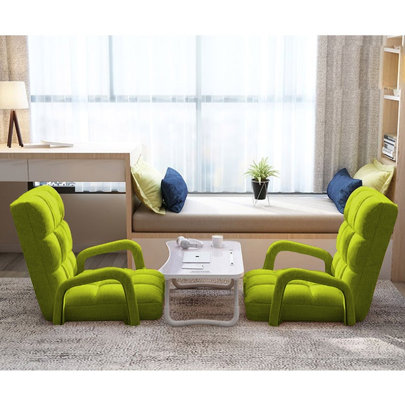 2X Foldable Linen Floor Recliner 135x58x20cm Adjustable Armrest Yellow Green