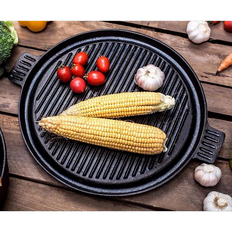 2X 43cm Round Ribbed Cast Iron Frying Pan Skillet Sizzle Platter With Handle