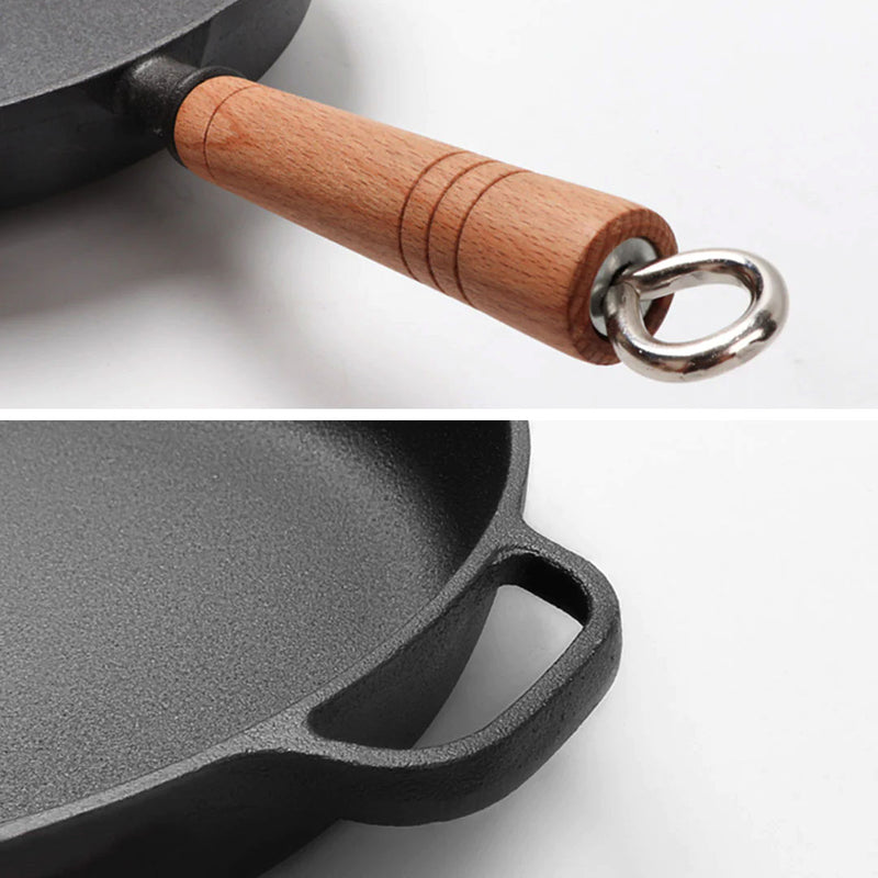 2X 25cm Round Cast Iron Skillet Non Stick Pre Seasoned Wooden Helper Handle