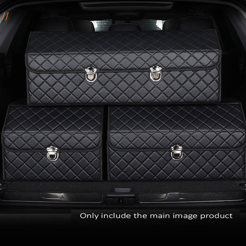 Leather Car Trunk Organizer Medium Portable Foldable Black White Stitch Box