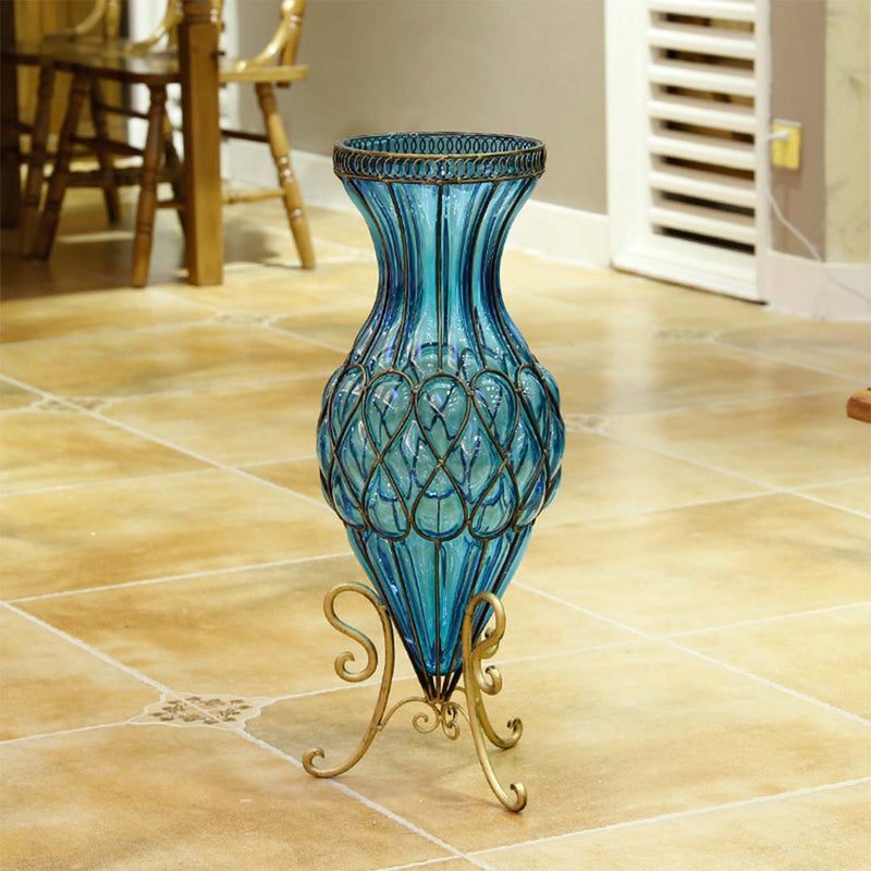 67cm Blue Glass Tall Floor Vase Gold Metal Accents 12pcs White Silk Flowers