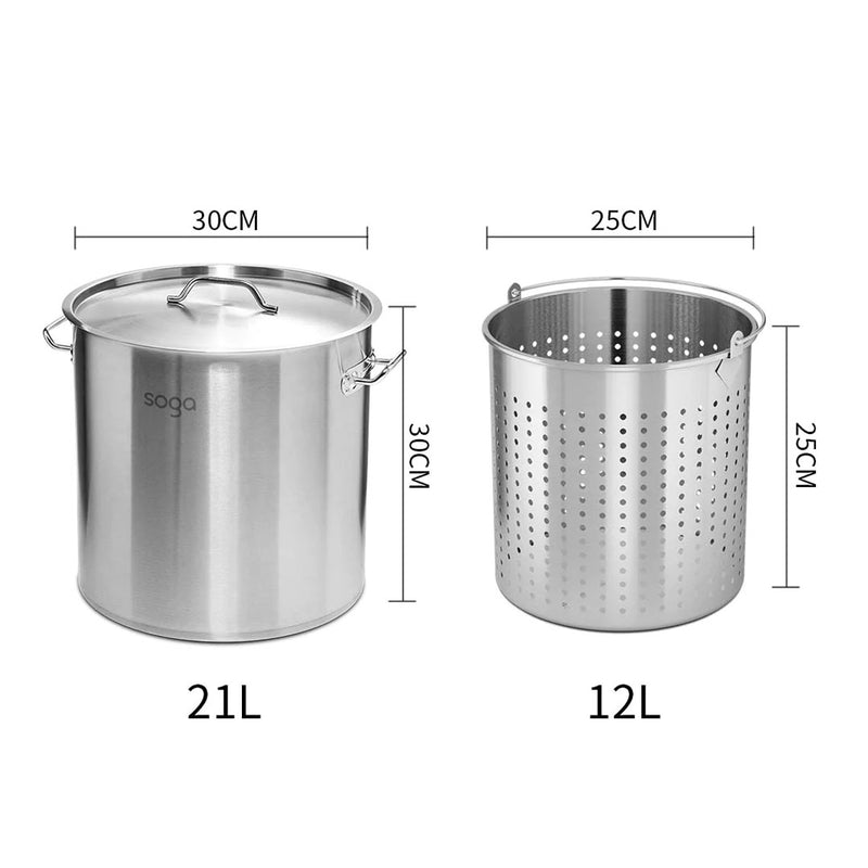 Heavy Duty 21L 18/10 Stainless Steel Stockpot With 12L Perforated Pasta Insert