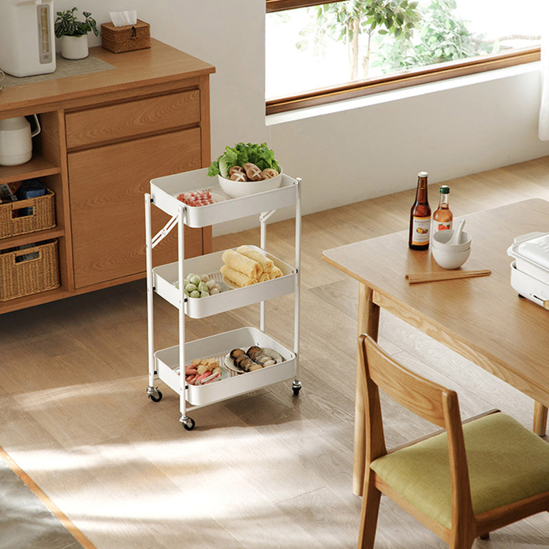 3 Tier White Foldable Steel Kitchen Cart Portable Storage Shelves With Wheels