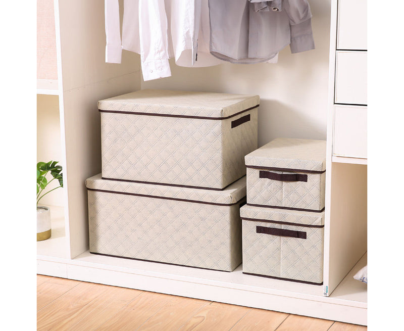 Small Beige Diamond Grid Non-Woven Fabric Storage Box With Lid 35x28x18cm