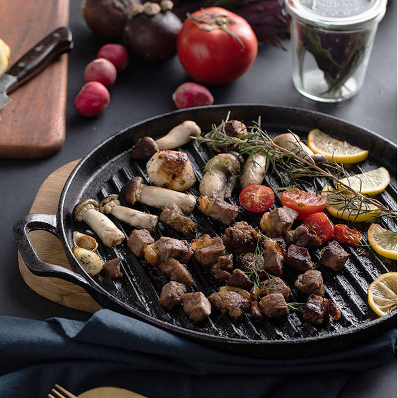 2X 30cm Ribbed Cast Iron Frying Pan Pre-Seasoned Non-Stick Sizzle Platter