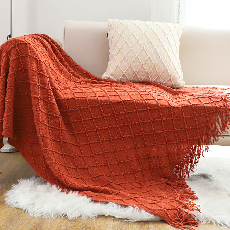 Knitted Throw Blanket 100% Acrylic 130cmx230cm Red Diamond Pattern Tassels