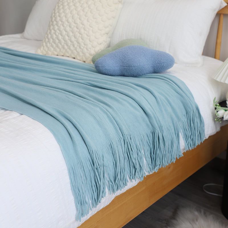 Sky Blue Acrylic Knitted Throw Blanket 130x220cm Fringed Cozy Home Decor