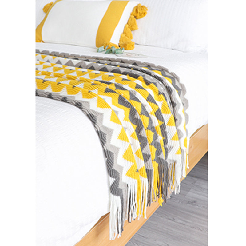 Throw Blanket Acrylic Knitted Zigzag Striped 130x170cm Fringed Yellow