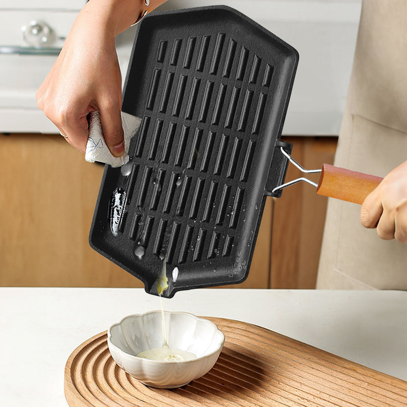 Rectangular Cast Iron Grill Pan 21x35cm Ridged Folding Wood Handle Black