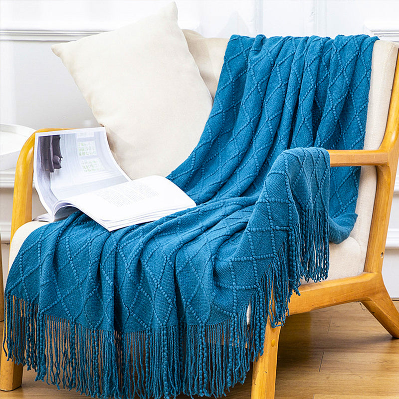 Blue Knitted Throw Blanket 100 Percent Acrylic Diamond Pattern Tassels Home Decor