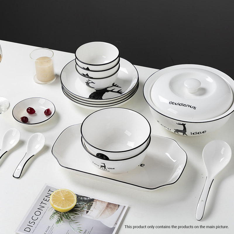 White Ceramic Dinnerware Set of 28 Antler Print Stackable Home Decor Elegant