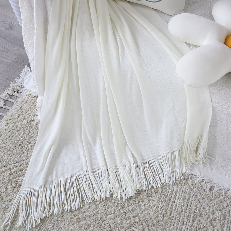White Acrylic Knitted Throw Blanket 130x220cm Fringed Cozy Woven