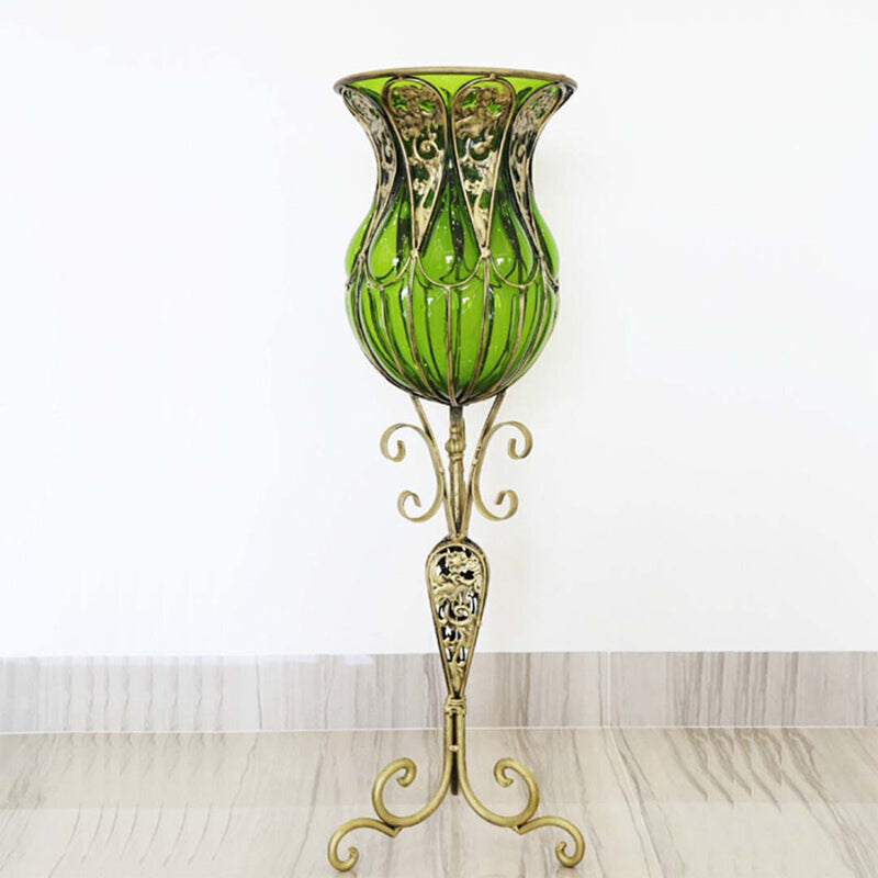 85cm Green Glass Tall Floor Vase With Gold Metal Base 12pcs White Silk Flowers