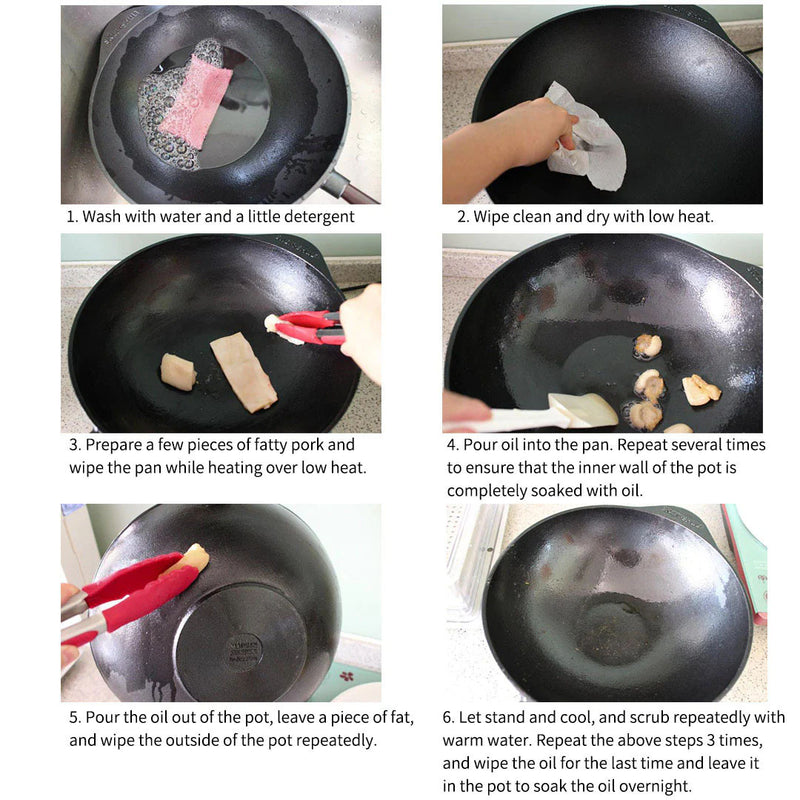 2X 31cm Cast Iron Round Thick Bottom Wok Non Stick Black Long Wood Handle