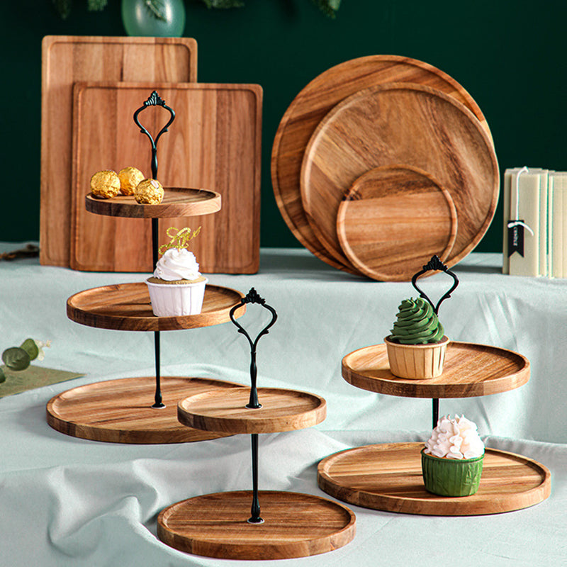 2 Tier Round Dessert Tray Acacia Wood 20cm Brown Serving Stand
