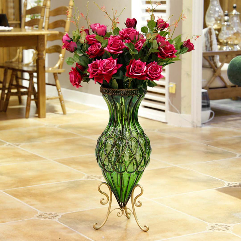 Glass Tall Floor Vase 27x22x67cm Green With Gold Metal Flower Stand