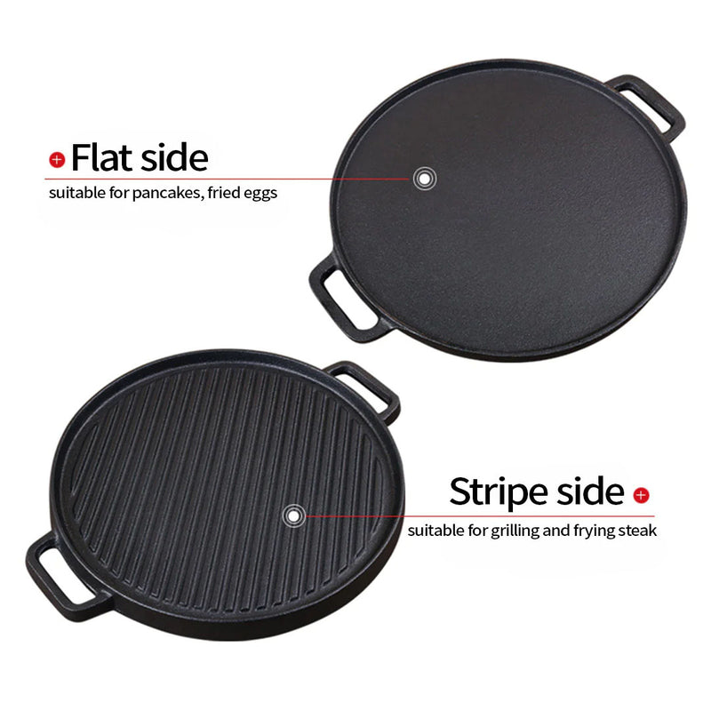 Round Cast Iron Ribbed BBQ Pan Skillet 30cm Pre-Seasoned Non-Stick Black