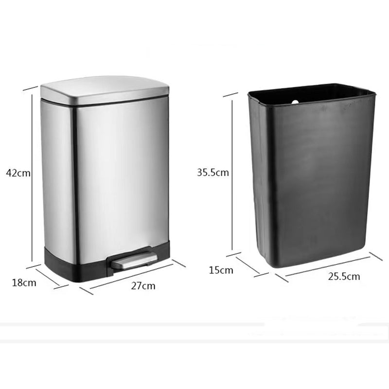 2X 12L Stainless Steel Rectangular Trash Bin Foot Pedal Soft Close Lid Silver