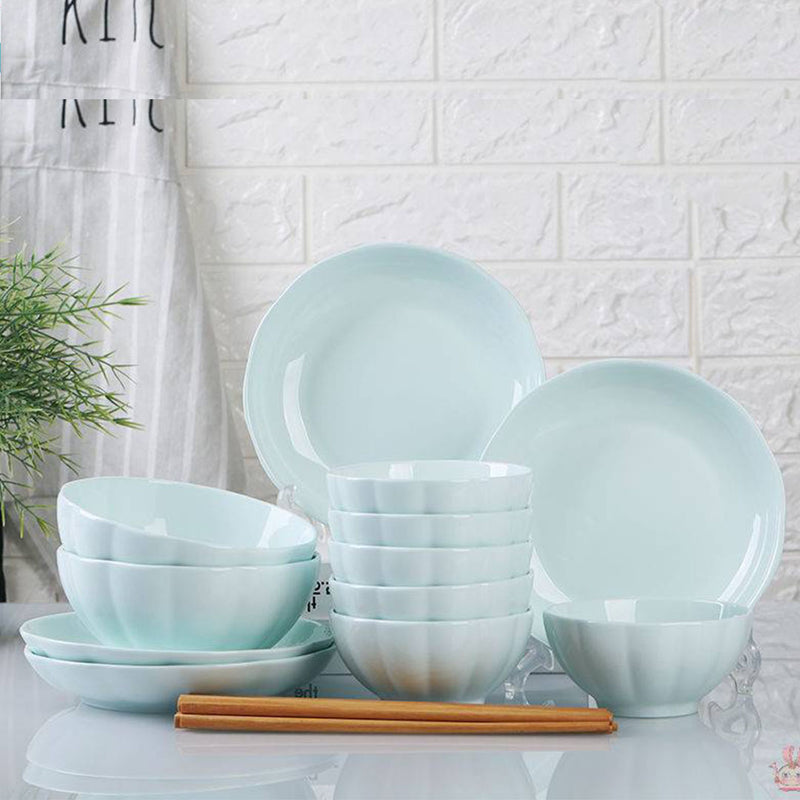 Light Blue Japanese Style Ceramic Dinnerware Set of 12 Bowls Plates Noodle