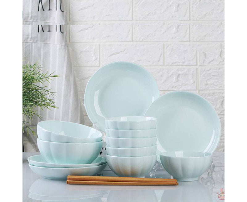 Light Blue Ceramic Dinnerware Bowls Plates 6 Inch 7 Inch Japanese Style Set of 10