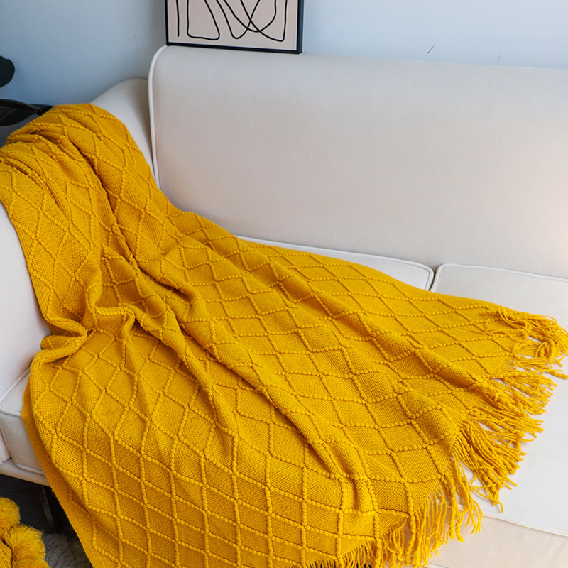 Knitted Acrylic Throw Blanket 130cmx230cm Diamond Jacquard Tassels Yellow