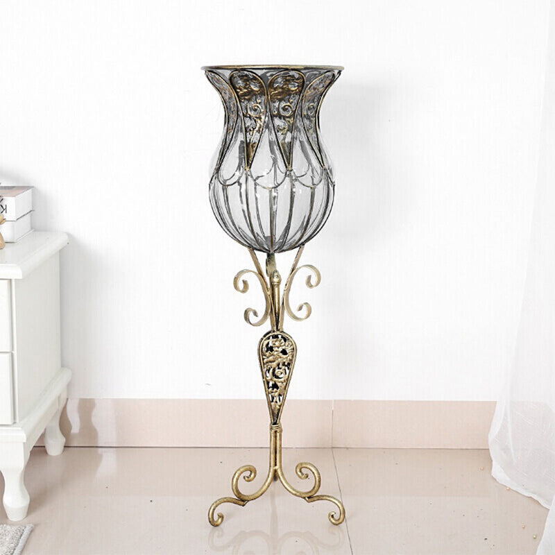 85cm Clear Glass Tall Floor Vase Gold Metal Accent With 12pcs Dark Pink Flowers