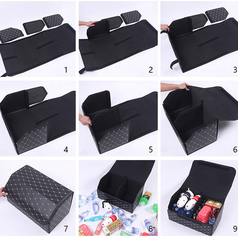 4X Leather Car Trunk Organizer 55x30x30cm Collapsible Foldable Black Gold Stitch