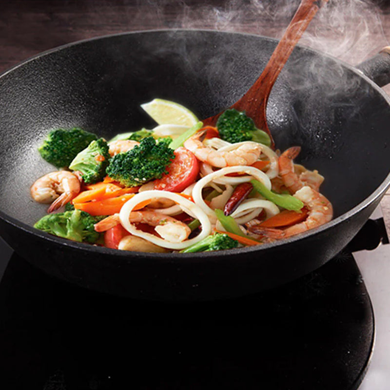 2X 31cm Cast Iron Wok Fry Pan Black Wood Handle Nonstick Induction