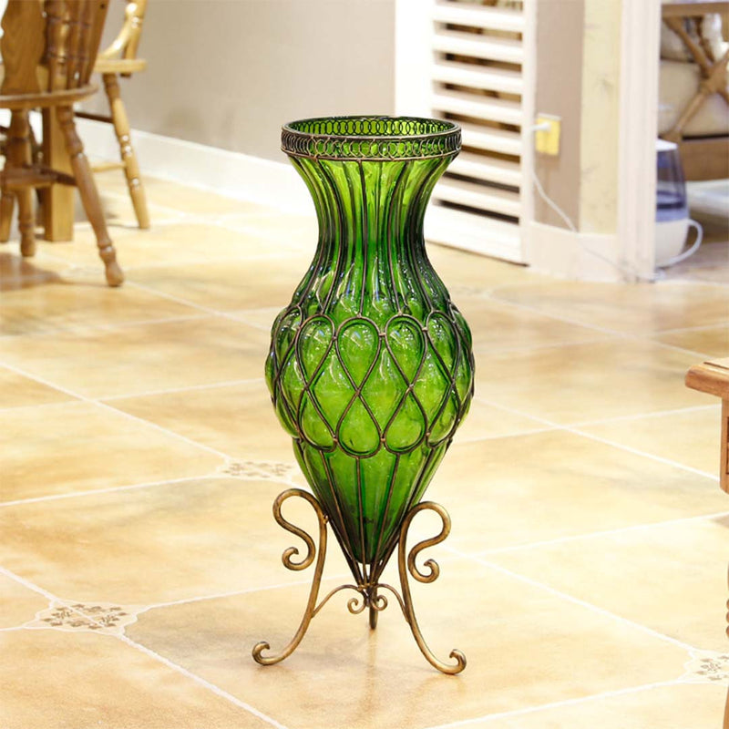 67cm Green Glass Floor Vase 12pcs White Artificial Flowers Home Decor Set