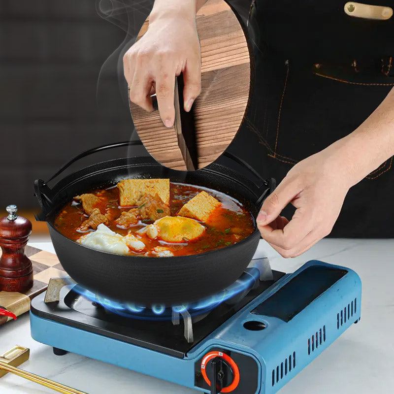 Cast Iron Sukiyaki Nabe Hot Pot 25cm Wooden Lid Nonstick Stovetop Black
